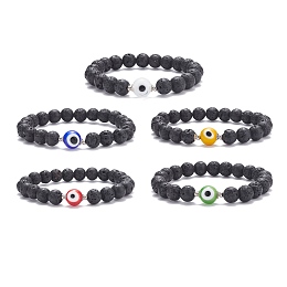 Honeyhandy Natural Lava Rock Round Beaded Stretch Bracelet with Evil Eye Lampwork, Essential Oil Gemstone Jewelry for Women, Mixed Color, Inner Diameter: 2-1/8 inch(5.4cm)