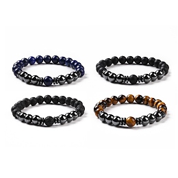 Honeyhandy 4Pcs Synthetic Hematite & Natural Black Agate(Dyed) & Lava Rock & Tiger Eye Beads Stretch Bracelets Set for Women Men, Inner Diameter: 2-1/8 inch(5.3cm)