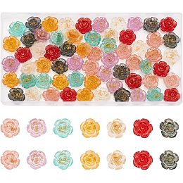 NBEADS 70 Pcs 7 Colors Transparent Resin Rose Cabochons, 14mm Resin Flower Charms Undrilled Flatback Rose Slime Beads with Gold Foil for Jewelry Making DIY Craft Decoration