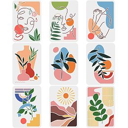 FINGERINSPIRE 9PCS Boho Sunrise Stencil Abstract Art Stencils 11.7x8.3 inch Large Reusable Tropical Plants Stencil Female Face Painting Stencils, Geometric Art Stencils for Wood, Canvas, Paper