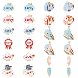 CHGCRAFT 24Pcs 12 Style School Supplies Theme Alloy Enamel Pendants, Golden, Mixed Shapes, Mixed Color, 15~28x6.5~21.5x1.2~1.3mm, Hole: 1.6mm, 2pcs/style