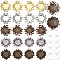 PandaHall Elite 30pcs Blank Bezel Pendant Trays, Vintage Flower Cabochon Bracelet Blanks Tibetan Jewelry Connectors with Round Glass Cabochons for Necklace Bracelet Earring Making, 3 Colors