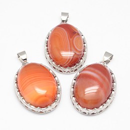 Honeyhandy Natural Red Striped Agate/Banded Agate Pendants, with Brass Findings, Oval, Dyed, Platinum, 30x21x10~11mm, Hole: 6x4mm