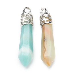 Honeyhandy Bullet Natural Flower Amazonite Pendants, with Platinum Tone Alloy Findings, 33~40x8~10mm, Hole: 3x2mm