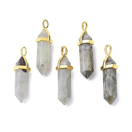 Honeyhandy Natural Labradorite Pointed Pendants, with Random Brass Pendant Hexagon Bead Cap Bails, Golden, Bullet, 38.5~40x12~12.5x10~11mm, Hole: 3x4.5mm