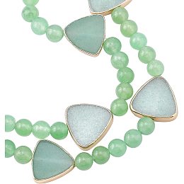 NBEADS 2 Strands About 46 Pcs Natural Green Aventurine Beads, Triangle and Round Shape Gemstone Beads Energy Healing Stone Beads with Light Gold Brass Edge for DIY Jewelry Craft Making