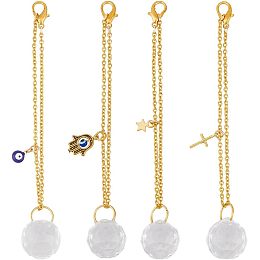 SUPERFINDINGS 4Pcs 4 Style Clear Glass Teardrop Hanging Suncatchers with Lobster Clasp Golden Chain Glass Pendant Suncatchers Beads with Evil Eye Star Cross Hamsa Hand Charm