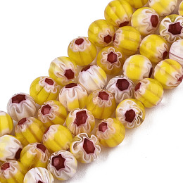 Honeyhandy Round Millefiori Glass Beads Strands, Yellow, 6mm, Hole: 1mm, about 67pcs/strand, 14.7 inch