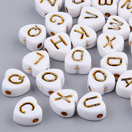 Honeyhandy Electroplate Opaque Acrylic Beads, Horizontal Hole, Heart with Mixed Golden Letters, White, 7x7x4mm, Hole: 1.5mm, about 3600pcs/500g