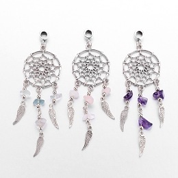 Honeyhandy Alloy European Dangle Charms, Woven Net/Web with Feather, with Natural Gemstone Beads, Antique Silver, 95mm, Hole: 4.5mm