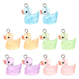 Honeyhandy 10Pcs 5 Colors Luminous Transparent Resin Pendants, Duck Charms, with Platinum Tone Iron Loops, Mixed Color, 18~20x17~18x12mm, Hole: 2mm, 2pcs/color