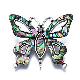 Honeyhandy Abalone Shell/Paua Shell Brooches/Pendants, with Alloy Findings and Resin Bottom, Butterfly, Antique Silver, Colorful, 41.5x50mm, Pin: 0.6mm