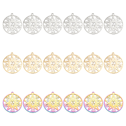 DICOSMETIC 18Pcs 3 Colors 304 Stainless Steel Pendant,  Hollow Charms, Flat Round with Star, Mixed Color, 27x25x1.5mm, Hole: 1.5mm, 6pcs/color