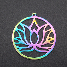 Honeyhandy Ion Plating(IP) 201 Stainless Steel Pendants, Ring with Lotus, Laser Cut, Rainbow Color, 32x30x1mm, Hole: 1.6mm