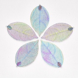 Honeyhandy Ion Plating(IP) 304 Stainless Steel Filigree Big Pendants, Etched Metal Embellishments, Leaf, Rainbow Color, 60x33x0.2mm, Hole: 1.6mm