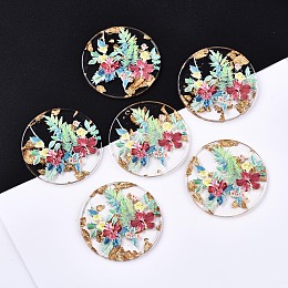 Honeyhandy Transparent Epoxy Resin Pendants, with Gold Foil, 3D Printed, Flat Round with Flower Pattern, Colorful, 39~40x3mm, Hole: 1.6mm