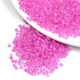 Honeyhandy 12/0 Glass Seed Beads, Transparent Inside Colours, Round Hole, Round, Magenta, 12/0, 2~2.5x1.5~2mm, Hole: 0.8mm, about 3333pcs/50g