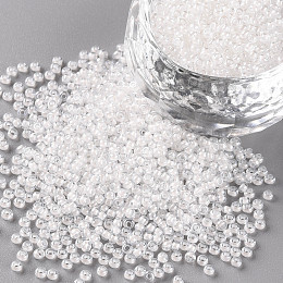 FGB 11/0 Transparent Glass Seed Beads, Inside Color, Luster Plated, Round, White, 2.3x1.5mm, Hole: 1mm, about 5300pcs/50g