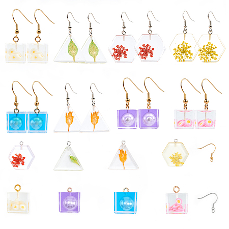 SUNNYCLUE DIY Earring Making, with Resin Pendants, Transparent Epoxy Resin Pendants and Brass Earring Hooks, Mixed Shapes, Mixed Color, Pendant: 16pcs/box