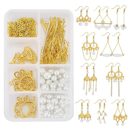 SUNNYCLUE 1 Box DIY Make 10 Pairs Chandelier Pearl Earring Making Kit Alloy Chandelier Components Flower Links Round Glass Pearl Beads for Adults DIY Earring Jewellery Making