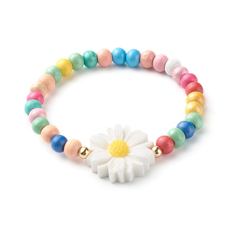 Honeyhandy Natural Wood Round Beads Stretch Bracelets for Kid, with Resin Beads, Daisy Flower, Colorful, Inner Diameter: 2 inch(5.05cm), 6.5mm