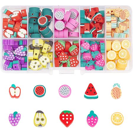 NBEADS 150~180Pcs Polymer Clay Fruit Beads, 10 Styles Mixed Fruit Spacer Beads, Cute Loose Beads for Necklace Bracelet Jewelry Making Accessories