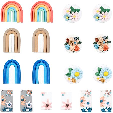 PandaHall Elite 18 Pcs 9 Style Polymer Clay Charm Pendants Round and Rectangle with Flower Handmade Polymer Clay Beads for Phone Straps Key Bag Decor DIY Jewelry Making