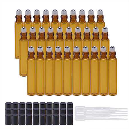 BENECREAT 30 Pack 10ml Amber Glass Roller Bottles Essential Oils Roller Bottles with Stainless Steel Roller Balls for Essential Oils/Other Liquids - 5 Pack 3ml Droppers Included