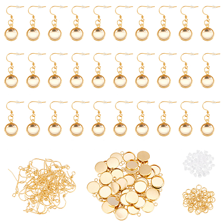 DICOSMETIC 270Pcs Stainless Steel Earring Making Kit Golden Color Flat Round Drop Earring Wire Hooks with Blank Cabochon Settings Trays and Open Jump Ring for DIY Dangle Earring Jewelry Making