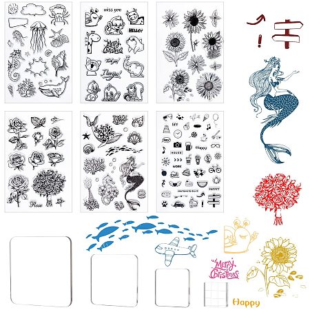 GLOBLELAND 6 Pieces Clear Stamps Transparent Silicone Stamps Set and 4 Pieces Acrylic Stamp Blocks with Grid Lines for Card Making Decor DIY Scrapbooking