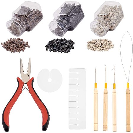 NBEADS Hair Extension Tool Kit, with PVC Protect Shields, Aluminium Micro Rings, Ferro-Nickel Hair Pliers, Wood Handle Iron Crochet Hook Needles for Beads Dreadlock Wig Hair Extensions Making