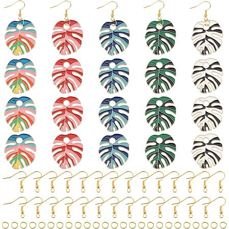 PandaHall Elite 20pcs Palm Leaf Charms, 5 Styles Tropical Leaf Pendants Monstera Leaf Earring Plant Earring Making Kits 20pcs Earring Hooks 20pcs Jump Rings for Summer Fall Jewelry Making