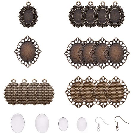 PH PandaHall 32 Sets Earring Pendant Tray Bezel Cabochon Settings Clear Glass Cabochons and 32pcs Brass Earring Hooks for DIY Jewelry Making (Antique Bronze & Antique Silver)