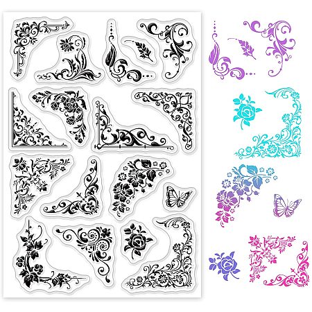 GLOBLELAND Flower Corner Clear Stamps Transparent Silicone Stamp Butterfly Peony Rose Hibiscus Lotus Flower for Card Making Decoration and DIY Scrapbooking
