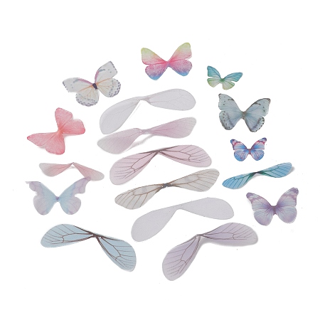Organza Craft Butterfly & Wings, Sewing Craft Decoration, Mixed Color, 18~35x30~84x0.1mm, Hole: 1mm