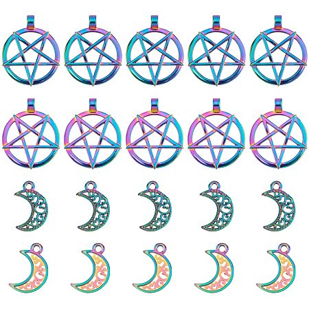 SUPERFINDINGS 20pcs 2 Styles Rainbow Alloy Pendants Rainbow Necklace Charms Metal Star and Moon Pendants for Bracelet Necklace Jewelry Making