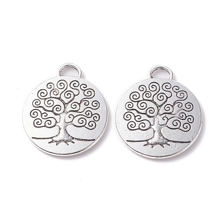 Honeyhandy Tibetan Style Alloy Pendants, Flat Round with Tree, Antique Silver, 27.5x23.5x2mm, Hole: 4.5mm