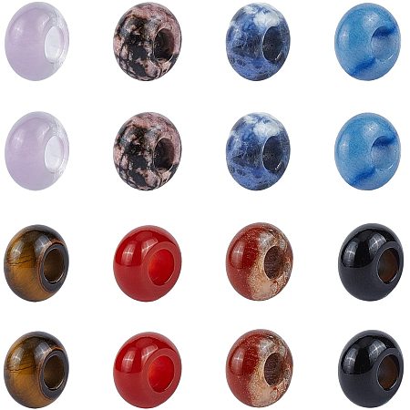 NBEADS 16 Pcs Mixed Natural Gemstone European Beads, 8 Colors 6mm Large Hole Beads Bracelet Spacer Beads Charms for Jewelry Makings