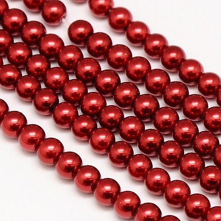 Environmental Dyed Glass Pearl Round Beads Strands, Cotton Cord Threaded, Red, 10mm, Hole: 0.7~1.1mm; about 42pcs/strand, 15 inches