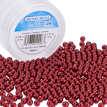 BENECREAT 400 Piece 6 mm Environmental Dyed Pearlize Glass Pearl Round Bead for Jewelry Making with Bead Container, Crimson Red