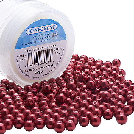 BENECREAT 200 Piece 8 mm Environmental Dyed Pearlize Glass Pearl Round Bead for Jewelry Making with Bead Container, Crimson Red