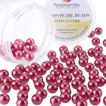 PandaHall Elite 10mm About 100Pcs Tiny Satin Luster Glass Pearl Round Beads Assortment Lot for Jewelry Making Round Box Kit Crimson Red