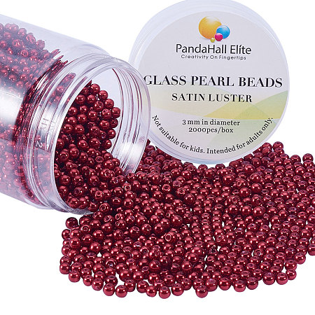 PandaHall Elite 3~3.5mm About 2000 Pcs Tiny Satin Luster Dyed Glass Pearl Round Loose Beads Assorted Lot for Jewelry Making Red