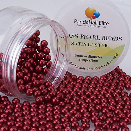 PandaHall Elite 6mm Crimson Red Glass Pearls Tiny Satin Luster Round Loose Pearl Beads for Jewelry Making, about 400pcs/box