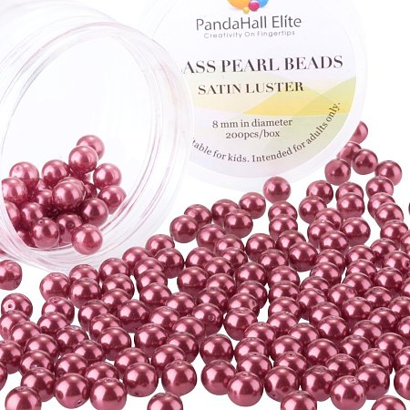 PandaHall Elite 8mm About 200Pcs Tiny Satin Luster Glass Pearl Round Beads Assortment Lot for Jewelry Making Round Box Kit Crimson Red