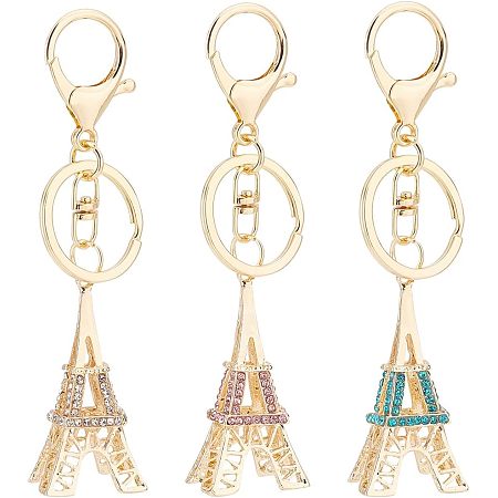 NBEADS 3 Pcs Eiffel Tower Keychain, 3 Colors Rhinestone Eiffel Tower Charms Pendant Alloy Split Keychain Accessories for Car Key Ring Phone Decoration Gift Manufacture