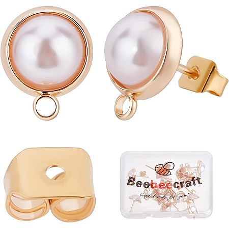Beebeecraft 20Pcs/Box 18K Gold Plated Earring Findings with Plastic Pearl Half Round Earring with Loop & Sterling Silver Pins & Butterfly Earring Backs for DIY Earring Making