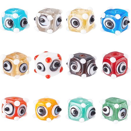 NBEADS 12Pcs Square Evil Eye Beads, Handmade Lampwork Beads Spacer, Glass Loose Bead with 2mm Hole for Jewelry Making