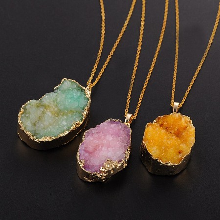 Honeyhandy Vogue Design Brass Natural Druzy Agate Pendant Necklaces, with Brass Chains and Spring Ring Clasps, Mixed Color, 18 inch
