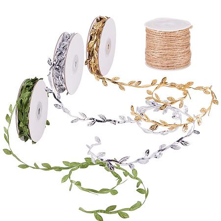 PandaHall Elite 3 Rolls (30 Yards Totally) Gold & Silver & Green Leaves Leaf Ribbon Trim and 2mm 10yard Hemp Cord Twine String for Party Wedding Home Garland Decorations Wreath Wrapping